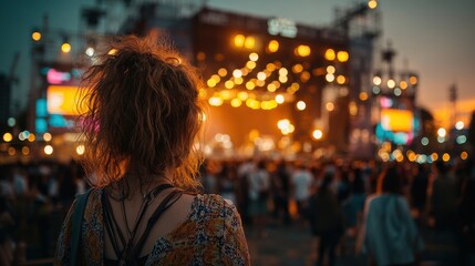 Girl enjoys live music at night festival with large crowd and bright stage lights