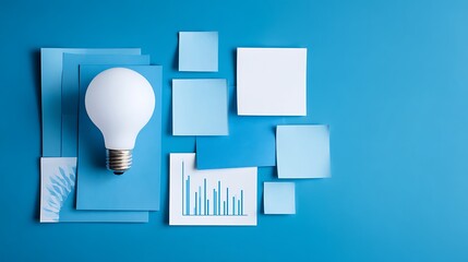 Conceptual business strategy flat lay with paper pieces forming lightbulb, blue background .