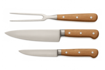 Meat fork and knives with wooden handles on transparent background