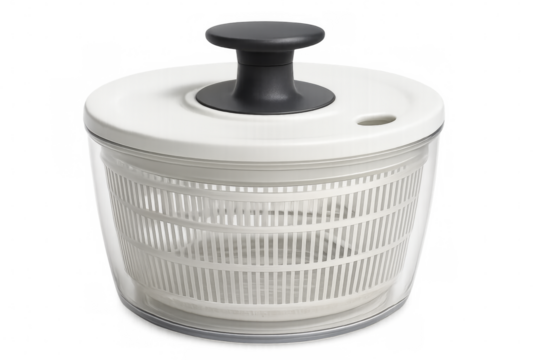 Salad spinner with transparent bowl and white lid on transparent background