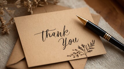 December 5 International Volunteer Day thank-you card and pen flat lay on recycled kraft paper, appreciation and gratitude theme .