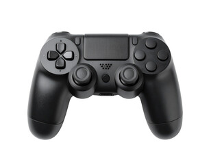 Black gaming controller isolated on white, modern game console accessory.
