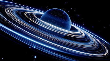 Digital planet with blue light rings orbiting in elliptical paths, motion-tracked from low angle .