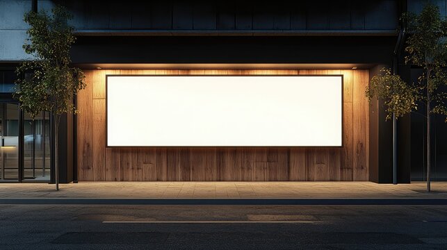 Modern caf storefront with blank illuminated box sign and soft street shadows