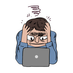 Stressed and overwhelmed at home office job. Cartoon illustration.