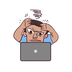 Stressed and overwhelmed at home office job. Cartoon illustration.
