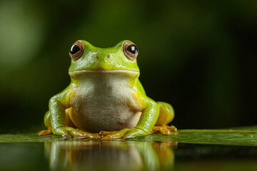 Obraz premium Realistic 3d render of a frog sitting upright on a vibrant green background