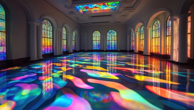 Grand hall with colorful stained glass and reflective floor - Powered by Adobe