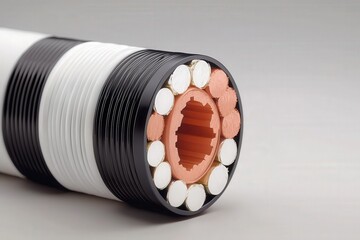 Cross-section of a high-voltage electrical cable showing multiple insulated copper conductors and protective layers.