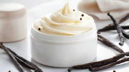 Fototapeta premium Opened cream jar with smooth texture and vanilla pods resting nearby
