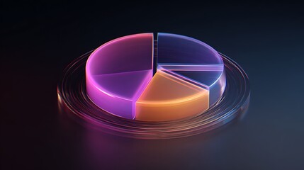 Floating translucent pie chart with neon edges on dark background, futuristic finance theme .