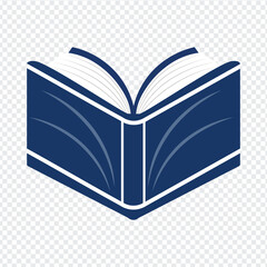 open book icon with dark blue cover and white pages on transparent background