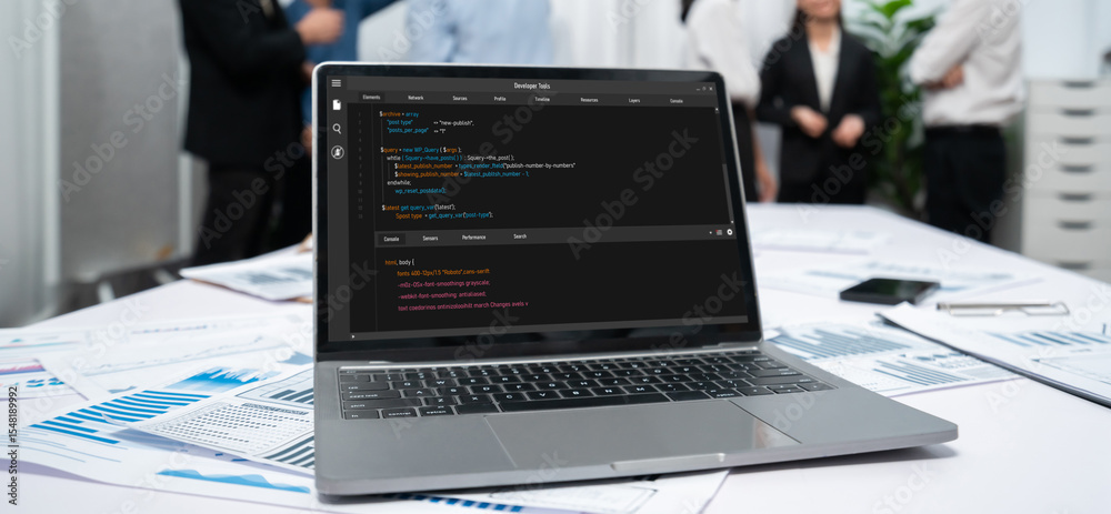Poster Software development programming on computer screen for brisk application and program coding
