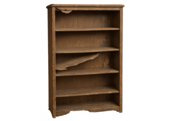 Old damaged wooden bookcase isolated on transparent background