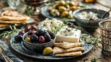 Greek mezze platter with olives, feta, tzatziki and pita arranged on rustic tableware .