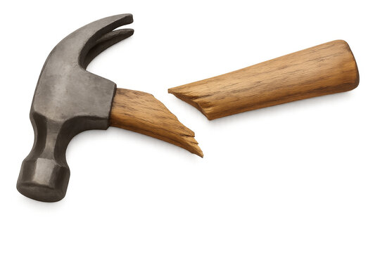 Broken hammer with wooden handle on transparent background