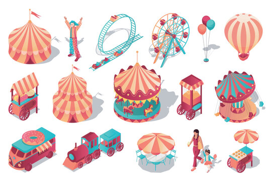 Amusement park 3d isometric set. Collection isolated flat elements of circus tent, clown, roller coaster attraction, ferris wheel, hot air balloon, street vendor kiosks, more. Vector illustration.