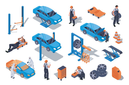 Auto service 3d isometric set. Collection isolated flat elements of garage tools, car lifters, wheel alignment, technicians work, repair equipment, automobile maintenance, more. Vector illustration.