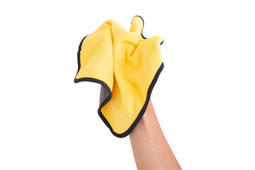 Hand holding a yellow and gray microfiber cloth for cleaning, isolated on white background.