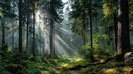 Sunlight streams through the canopy of tall trees in a tranquil forest. The ground is lush with greenery, and the atmosphere is filled with peace and serenity during early morning hours.