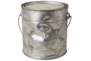 Dented metal paint can with wire handle and transparent background