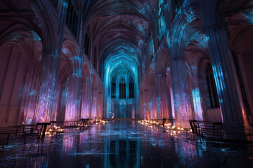 Interior of gothic cathedral made from frozen soundwaves with illuminated light instruments