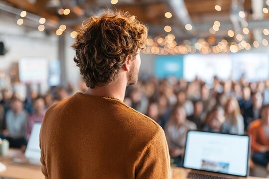 Student founder pitches innovative idea to audience at tech event in urban setting