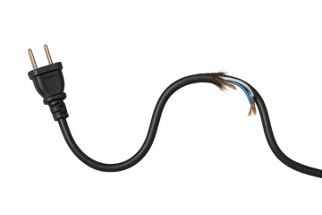 Black electrical power cord showing broken wires on transparent background