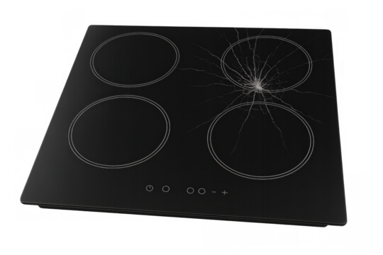 Broken black induction stove top on transparent background