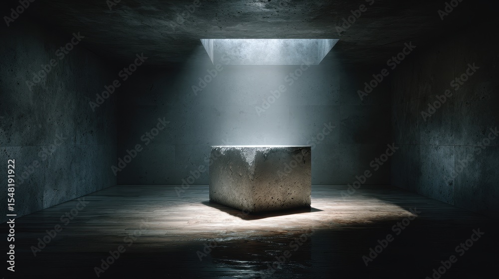 Aufkleber concrete cube stands in dim, modern room with blue lighting shining down, creating shadows in minima