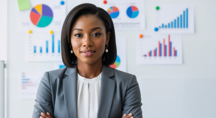 Woman presenting data with graphs in background.