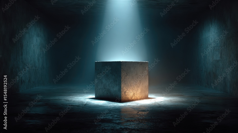 Poster concrete cube stands in dim, modern room with blue lighting shining down, creating shadows in minima