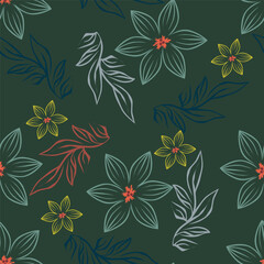 Artistic simple branches flowers peonies, dahlia and buds with leaves seamless pattern. Vector hand drawn. Retro, vintage, pastel print. Template for design, fabric, fashion, wallpaper, textile
