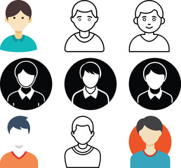 Fototapeta premium Male Avatar Icons: A collection of diverse male avatar icons in various styles, including solid color, outline, and monochrome, perfect for user profiles and online representation. 