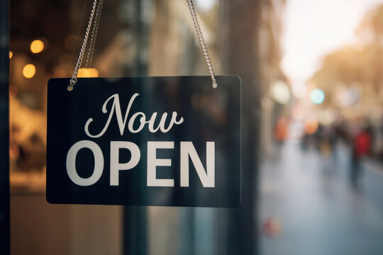 Close-up of white now open sign on modern storefront glass door