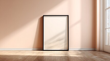 Minimal black frame on pastel wall casting clean shadow, interior wall art mockup with space for artwork insertion .