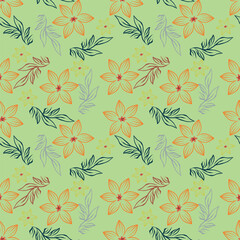 Artistic simple branches flowers peonies, dahlia and buds with leaves seamless pattern. Vector hand drawn. Retro, vintage, pastel print. Template for design, fabric, fashion, wallpaper, textile
