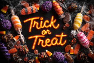 Top view of halloween candy assortment with glowing neon trick or treat sign