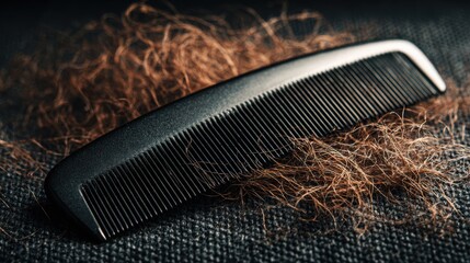 Detail-rich flat lay composition showcasing a beard comb amid scattered trimmed hair, capturing the essence of grooming
