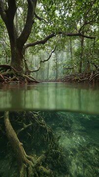 An enchanting view of a mangrove forest, showcasing roots beneath the water's surface.