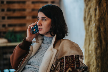 A woman in a fall outfit, sitting indoors, talking on her smart phone during a call.