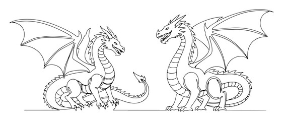 two fantasy dragons line drawing illustration