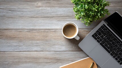 Modern office desk with laptop, coffee, plant and notepad on wooden background, flat lay, clean and minimal workspace setup .