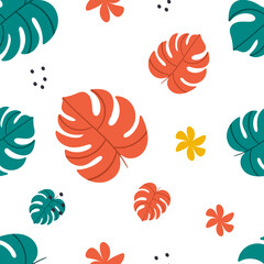 Seamless pattern with monstera leaves, flowers, tropical motif, bright colors. Green, red and yellow elements. Vector illustration.