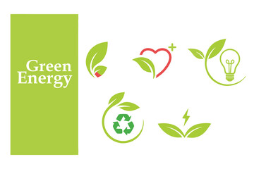 Green eco icons vector set: natural leaf, apple, flower, and tree symbols for organic design and ecology