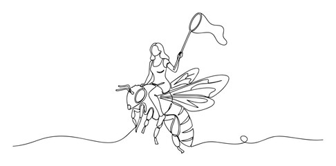 woman riding giant bee with net fantasy line art