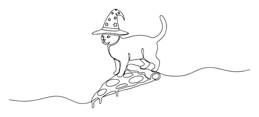 cat in wizard hat surfing on pizza slice line drawing