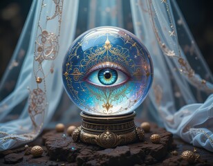 Una mística bola de cristal con el ojo de la providencia, adornada con una intrincada línea bohemia, sobre un delicado velo de encaje