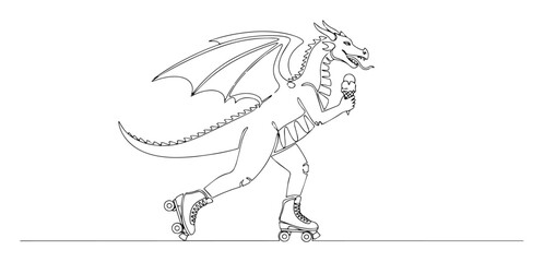 dragon skating on rollerblades continuous line art