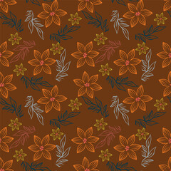 Artistic simple branches flowers peonies, dahlia and buds with leaves seamless pattern. Vector hand drawn. Retro, vintage, pastel print. Template for design, fabric, fashion, wallpaper, textile
